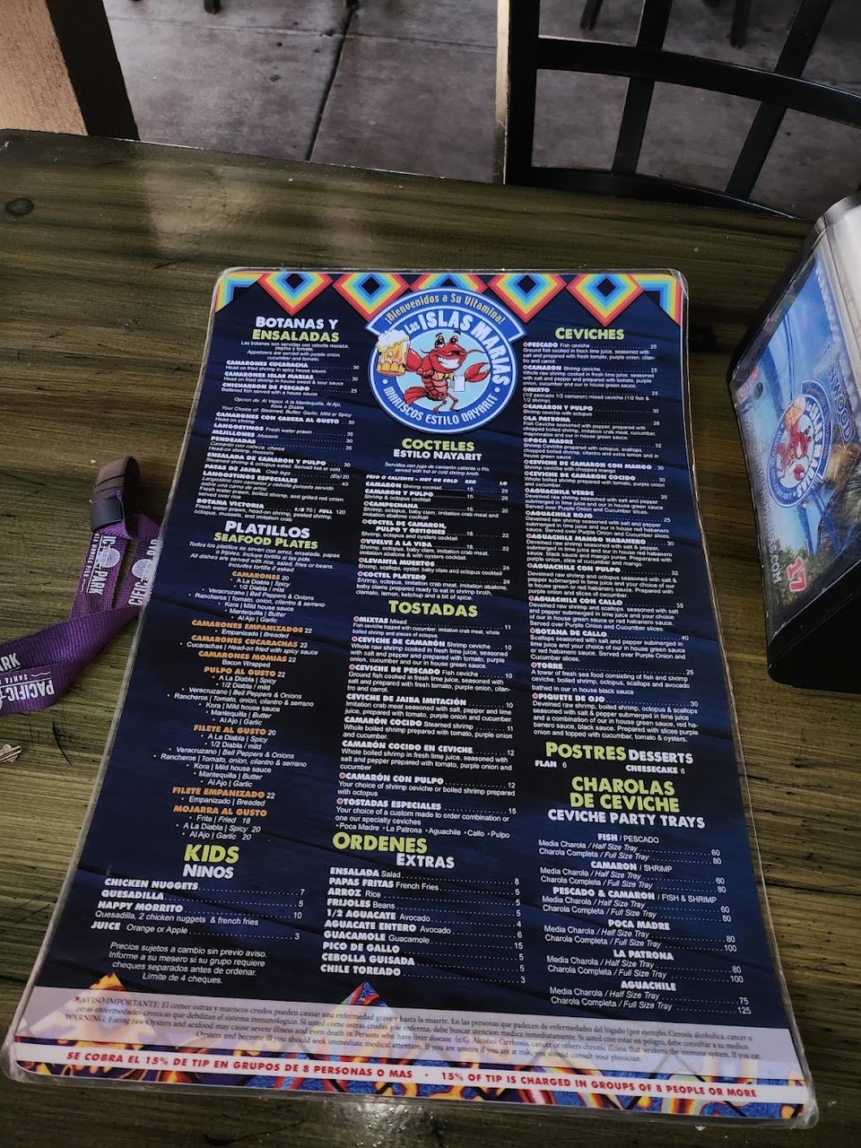 Menu page with seafood dishes and drinks.